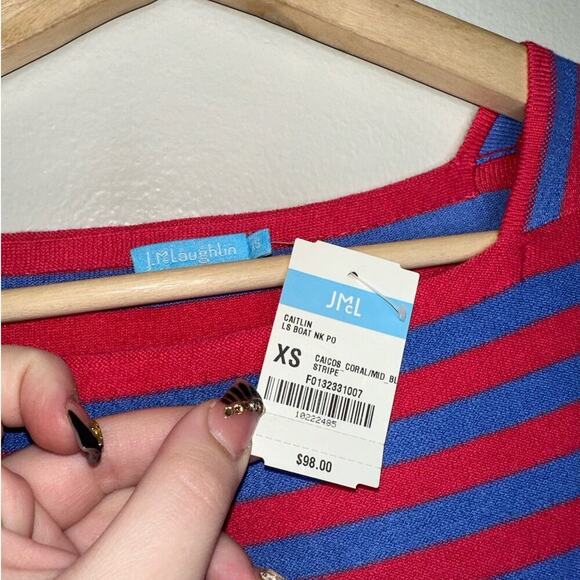 J. Mclaughlin NWT Caitlin Long Sleeve Boatneck Striped Sweater Red/Blue Size XS - Picture 2 of 5